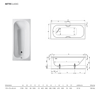 Bette Classic Ванна стальная встраиваемая 180x70 см, с шумоизоляцией, цвет: белый 1271-000