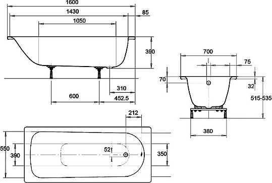 Kaldewei Ванна стальная 160х70 без ножек, цвет белый 119712030001