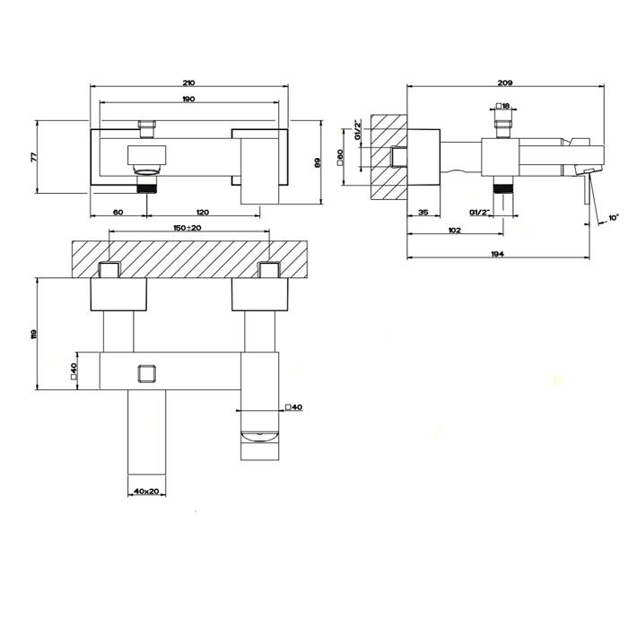 Gessi Rettangolo Смеситель для ванны на 2 потребителя, излив 19,4 см, цвет: chrome 20013#031