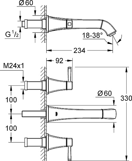 Grohe Grandera Смеситель для раковины вентильный встраиваемый, длина излива 23,4 см, цвет: хром 20415000