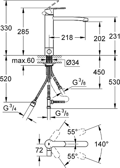 Grohe Eurostyle Cosmopolitan Смеситель для кухни, с запорным вентилем, цвет: хром 31153002