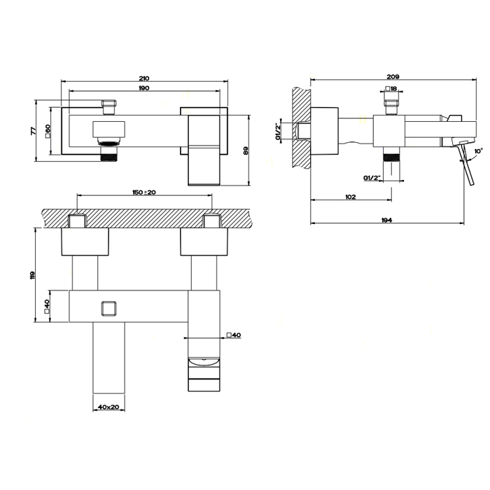 Gessi Rettangolo K Смеситель для ванны на 2 потребителя, излив 19,4 см, цвет: matte black 53013#299
