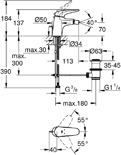 Grohe Wave Смеситель для биде, без донного клапана, цвет: хром 32288001
