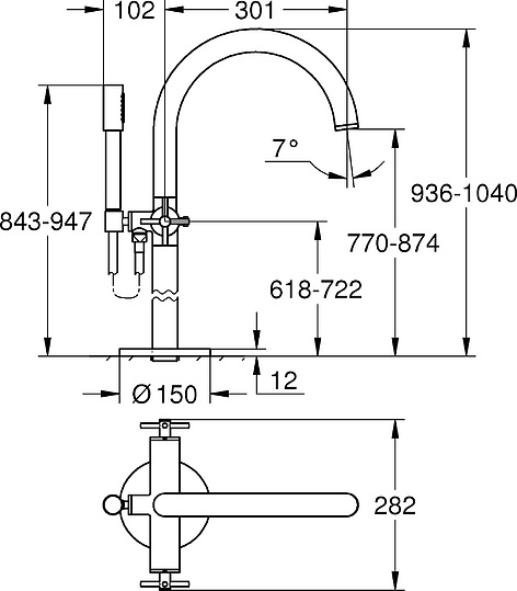 Grohe Atrio New Смеситель для ванны напольный, с ручн. душем и шлангом, цвет: темный графит, матовый 25044AL3