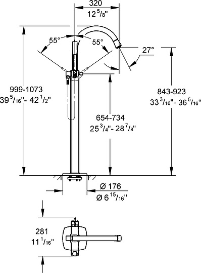 Grohe Grandera Смеситель для ванны напольный, с ручным душем и шлангом, цвет: хром 23318000