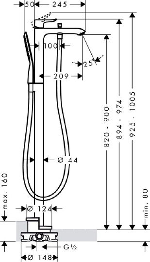 Hansgrohe Metris Смеситель для ванны напольный однорычажный с изливом 20,9 см, отдельн. цвет: хром 31471000