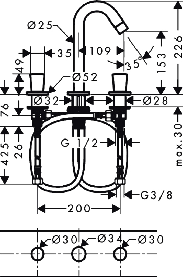 Hansgrohe Logis Смеситель для раковины на 3 отверстия двухвентильный с двумя рукоятками, цвет: хром 71133000