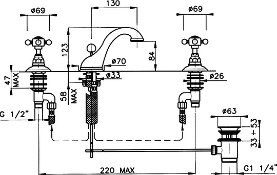 Nicolazzi Classica Lusso Смеситель для раковины на 3 отв с донным клапаном, цвет: Gold Brass 1408GB78