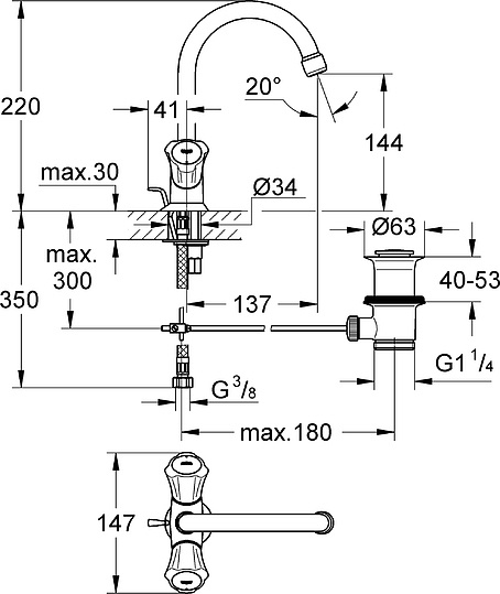 Grohe Costa L Смеситель для раковины вентильный, с донным клапаном, длина излива 13,7 см, цвет: хром 21375001