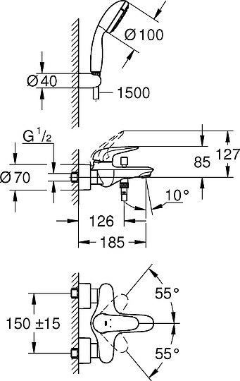 Grohe Eurostyle Смеситель для ванны накладной, с ручным душем и шлангом, цвет: хром 2372930A