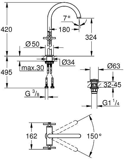 Grohe Atrio New Смеситель для раковины вентильный, высокий, с д/к, высота излива 32,4 см, цвет: хром 21044003