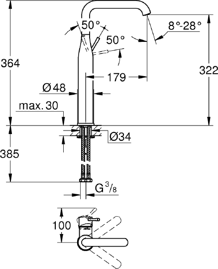 Grohe Essence New Смеситель для раковины, без д/к, выс. изл. 18,9 см, цвет: темный графит, матовый 32901AL1