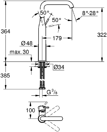 Grohe Essence New Смеситель для раковины высокий, без д/к, выс. излива 32,2 см, цвет: никель глянец 32901BE1