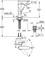 Grohe Plus Смеситель для раковины высокий поворотный, с д/к, высота излива 23,1 см, цвет: хром 23873003