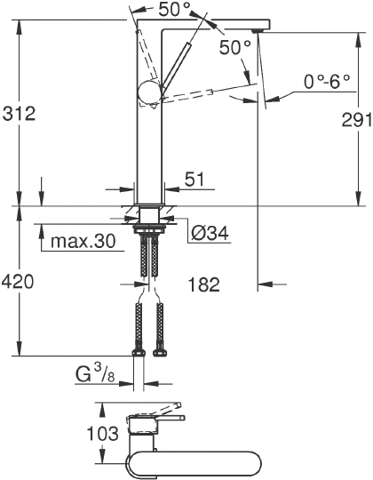 Grohe Plus Смеситель для раковины высокий, с д/к, высота излива 29,1 см, цвет: хром 32618003