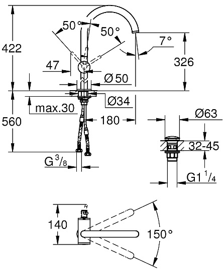 Grohe Atrio New Смеситель для раковины, высокий, с д/к, высота излива 32,6 см, цвет: хром 32647003