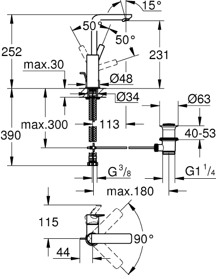 Grohe Lineare New Смеситель для раковины высокий, с д/к, высота излива 23,1 см, цвет: хром 23296001