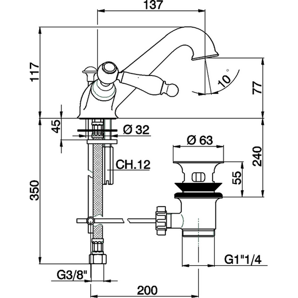 Cisal Arcana Toscana Смеситель для раковины, с донным клапаном, длина излива 13,7 см, цвет: chrome TS00051021