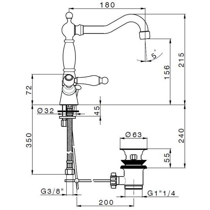 Cisal Arcana Toscana Смеситель для раковины, с донным клапаном, длина излива 18 см, цвет: chrome TS00052121