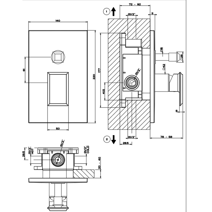 Gessi Eleganza Смеситель для ванны встраиваемый, 2 потребителя, внешняя часть, цвет: black metal PVD 46079#706