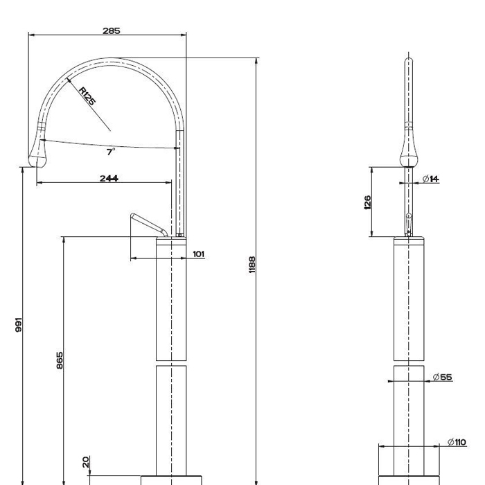 Gessi Goccia Смеситель для раковины напольный, внешняя часть, излив 28,5 см, цвет: matte white 33624#279