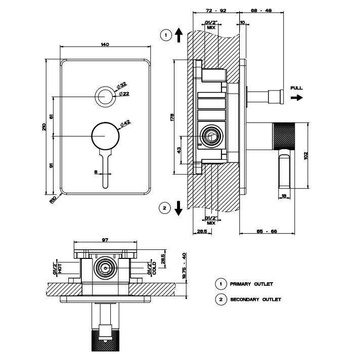 Gessi Inciso Смеситель для ванны встраиваемый на 2 потребителя, внешняя часть, цвет: gold PVD 58079#246