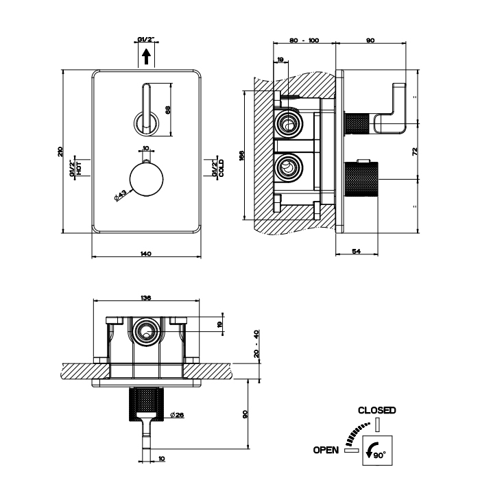 Gessi Inciso Термостат для душа встраиваемый, запорный вентиль, внешняя часть, цвет: chrome 58132#031