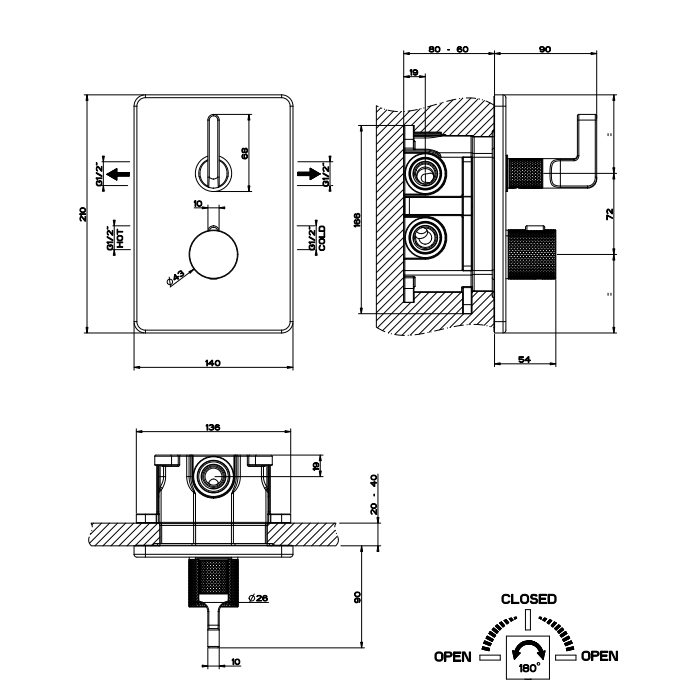Gessi Inciso Термостат для ванны встраиваемый, 2 потребителя, запорный вентиль, цвет: chrome 58134#031
