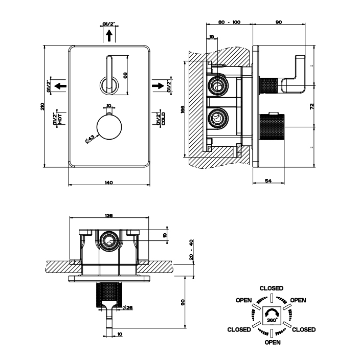 Gessi Inciso Термостат для ванны встраиваемый, 3 потребителя, запорный вентиль, цвет: gold PVD 58136#246