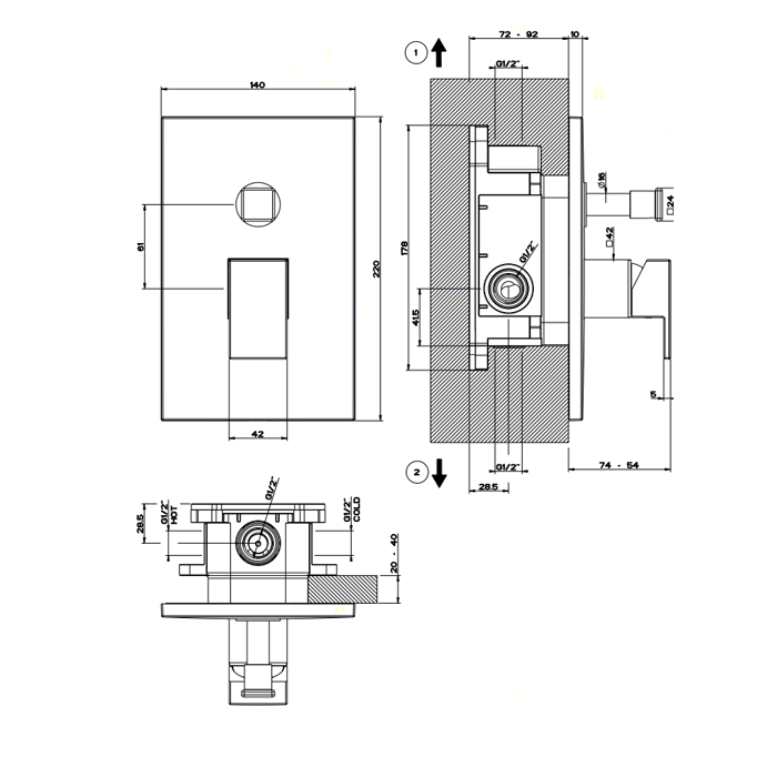Gessi Rettangolo Смеситель для ванны встраиваемый на 2 потребителя, внешняя часть, цвет: chrome 44604#031