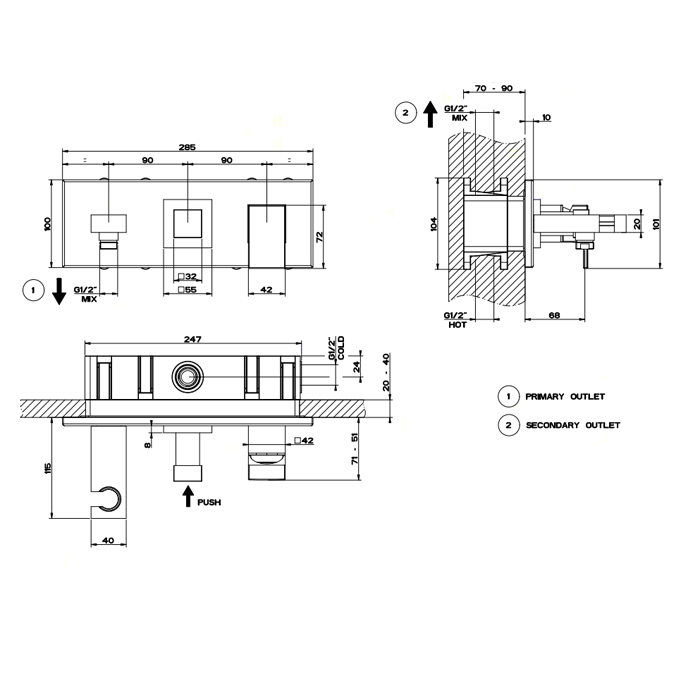 Gessi Rettangolo Смеситель для ванны встраиваемый, 2 потребителя, лейка, внешняя часть, цвет: chrome 44910#031