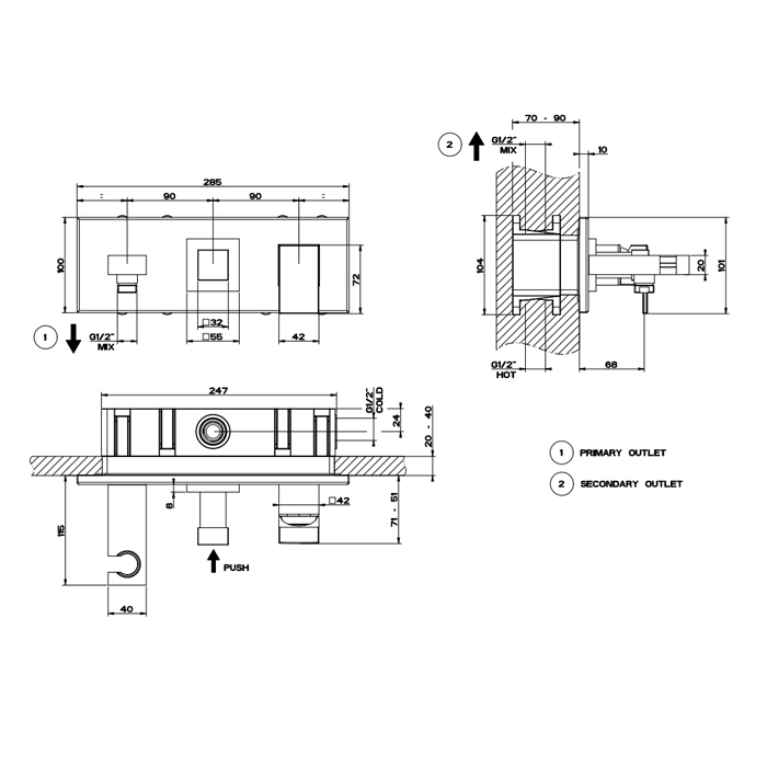 Gessi Rettangolo Смеситель для ванны встраиваемый, 2 потребителя, лейка, цвет: matte black 44910#299