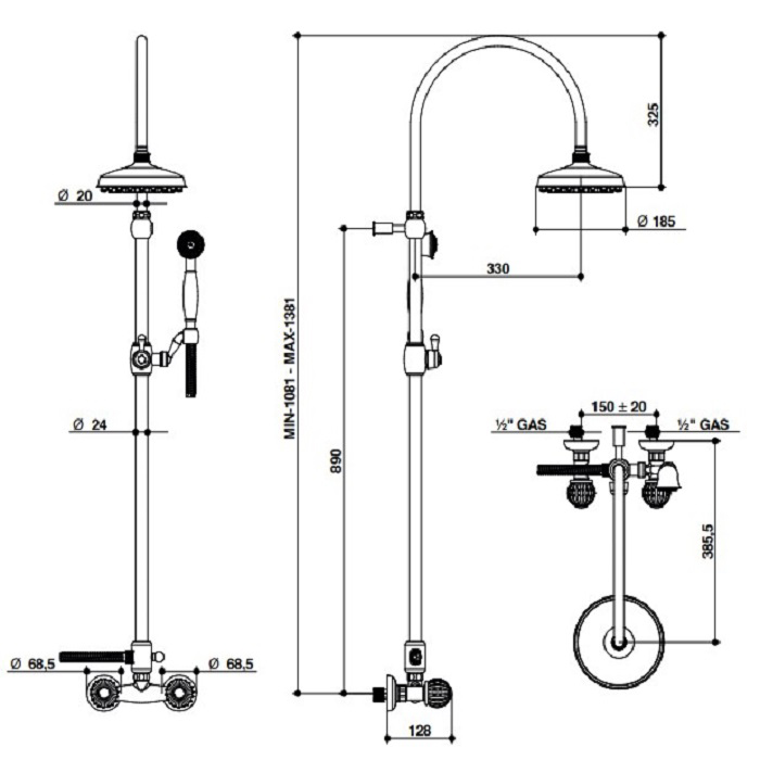 Bongio Rivoli Смеситель душевой со стойкой, цвет хром/Cristallo 00 05537CR00D