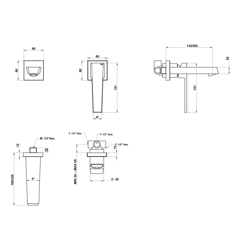 Bongio Stelth Смеситель для раковины, излив 22 см, цвет хром 01538CR22