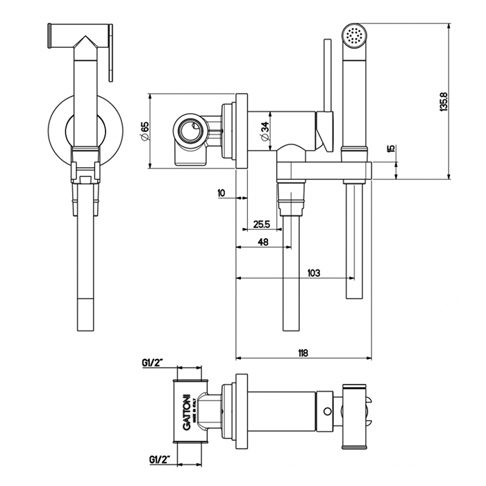 Gattoni Набор Гигиенический душ со встроенным смесителем, цвет никель шлифованный RT010NS