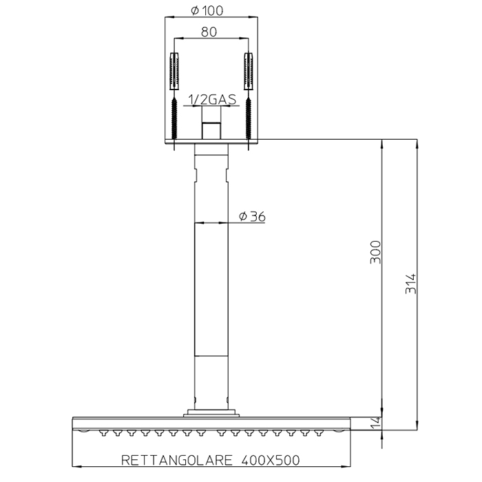 Bossini Rectangular Верхний душ 50x40 см, 1 вид струи, кронштейн потолочный 30 см, цвет: chrome H35369.030