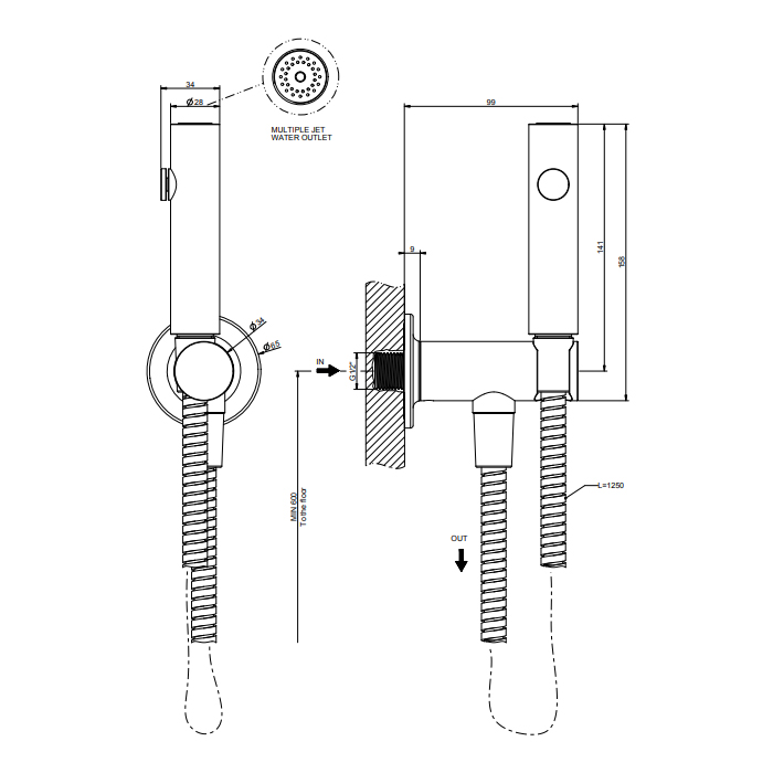 Gessi Inciso Гигиенический душ многостуйный, держатель с подводом воды, шланг 125 см, цвет: gold PVD 58153#246