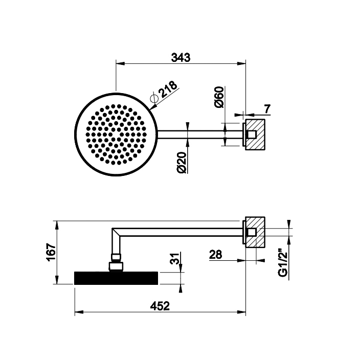 Gessi Ingranaggio Верхний душ 21,8 см 1 вид струи, кронштейн настенный 34,3 см, цвет: chrome 63548#031