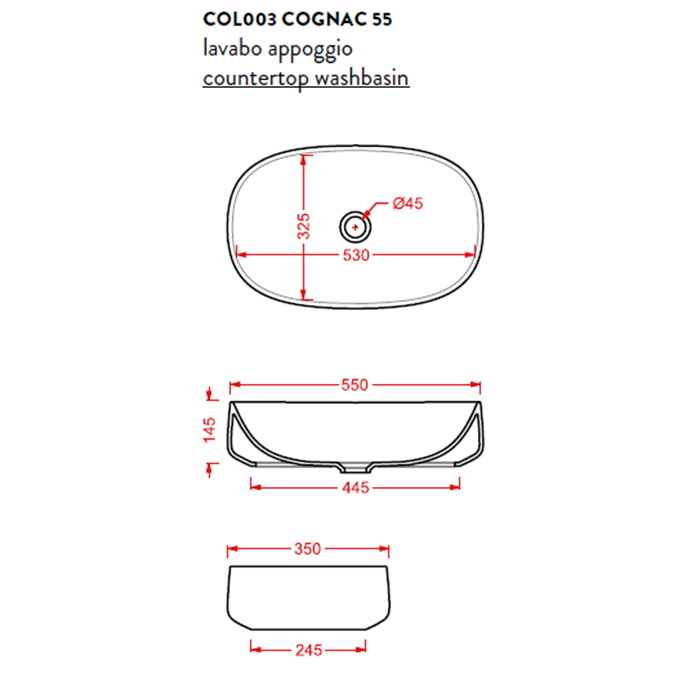 ArtCeram Cognac Раковина чаша 55x35x14,5h см, без перелива, покрытие Saniglaze, цвет: glossy white COL003 01 34