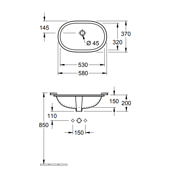Villeroy & Boch O'Novo Раковина встраиваемая снизу, овальная 58x37 см, без перелива цвет: alpin 41625001