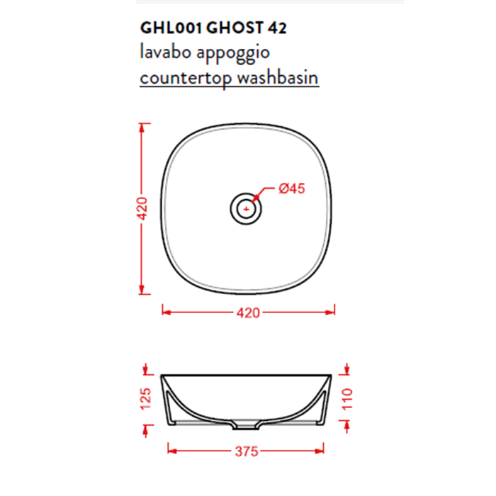 ArtCeram Ghost Раковина чаша 42x42x12,5h см, без перелива, цвет: glossy white GHL001 01 00