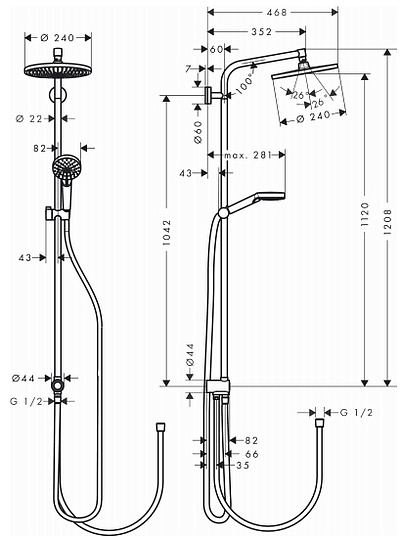 Hansgrohe Crometta S Душевая стойка: верхний душ EcoSmart 24 см, ручной душ 2 режима, цвет: хром 27270000
