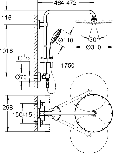 Grohe Euphoria Душевая стойка: термостатический смес., штанга, руч., верх. душ, цвет: темный графит 26075A00