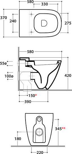Globo Stockholm Унитаз приставной без крышки, с креплением, 37x58 см, цвет: белый глянцевый LA001BI