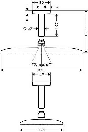Hansgrohe Raindance E Верхний душ 36x19 см, 1 вид струи, кронштейн потолочный 10 см, цвет: хром 27381000