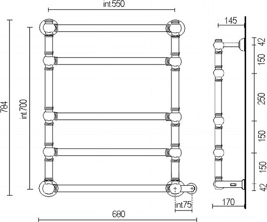 Margaroli Armonia 9-564 Полотенцесушитель электр. 68х78h (55), выкл. справа, цвет: bronze/old brass 95645505OBNB