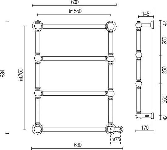 Margaroli Armonia 9-542 Полотенцесушитель электр. 68х83h (55), выкл. справа, цвет: bronze/old brass 95425504OBNB