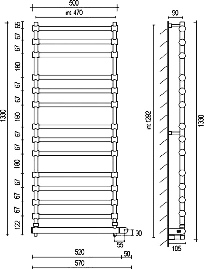 Margaroli Sole 564/14 Полотенцесушитель электрический 57х133h (47), выкл. справа, цвет: chrome 5644714CRNB