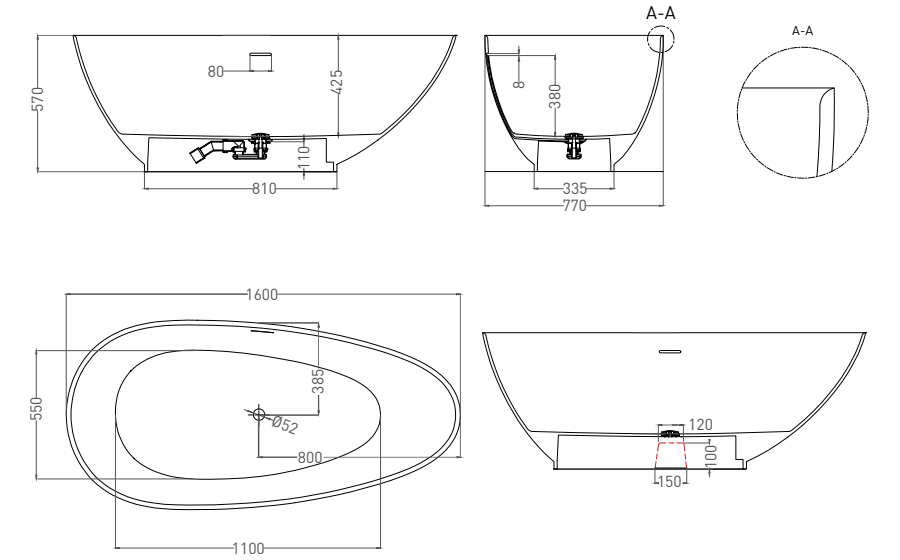 Salini Paola Ванна из S-Sense отдельностоящая 160x77 см, цвет: белый глянцевый 101511G