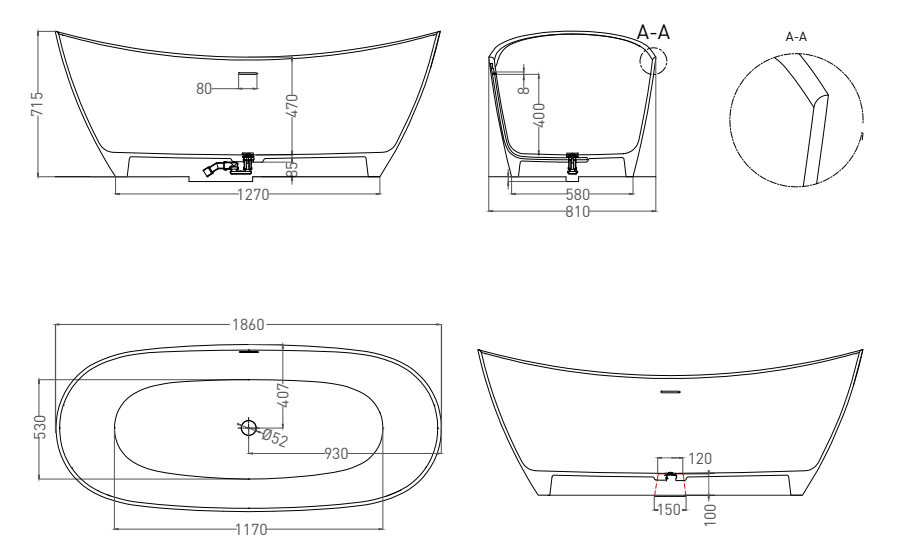 Salini Noemi Ванна из S-Sense отдельностоящая 186x81,5 см, цвет: белый глянцевый 101811G